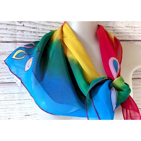 New Fennysun Woman Square Scarf Ombre Red Blue Yellow Crepe Lightweight 26*26" - Picture 5 of 10